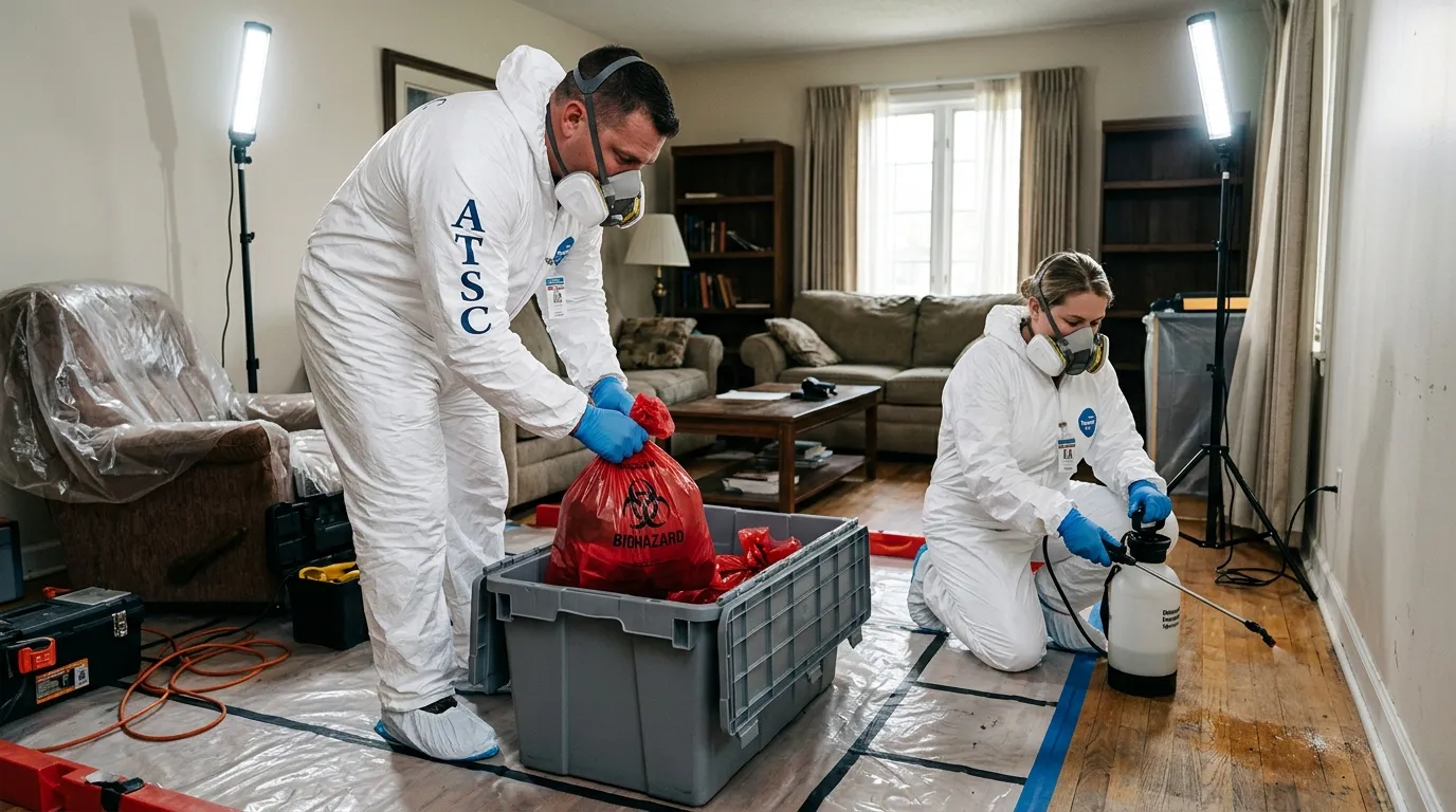 Professional Hazmat Cleanup technician in full PPE working in Sunset Hills